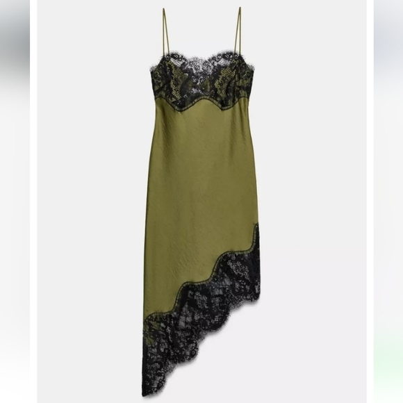 Zara Dresses & Skirts - Zara Zw Collection Asymmetric Trendy Green and Black Lace Dress